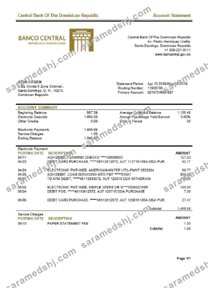 Dominican Republic Central Bank of The Dominican Republic bank statement te